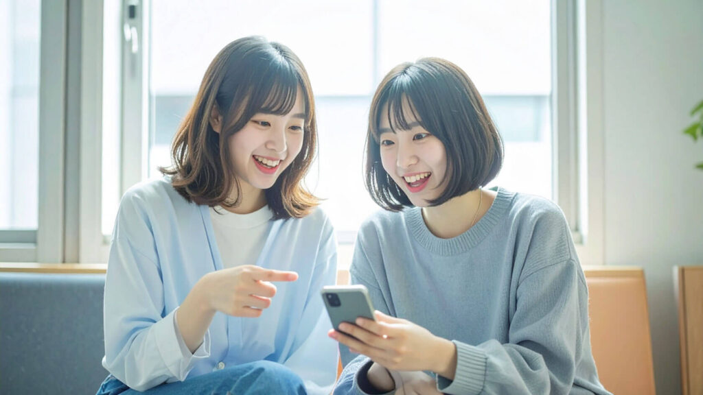 スマホを見ながら楽しそうに話す職場の女性2人(先輩と後輩)