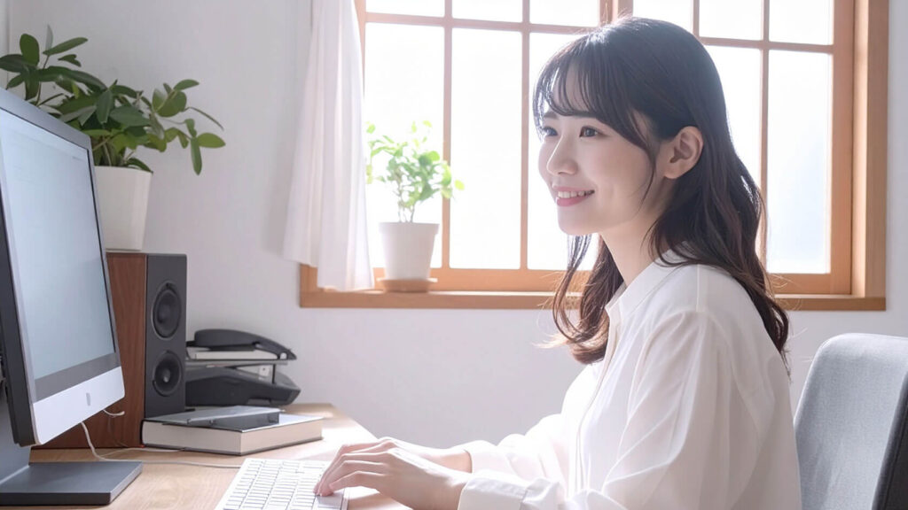 早朝の静かな時間にチャット準備をする女性（穏やかな雰囲気）