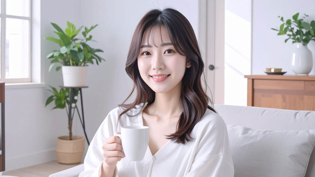 朝日を浴びながらコーヒーを楽しむ女性（心と体にゆとりができた様子）