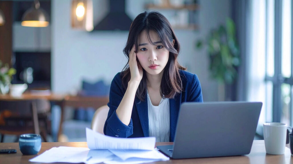 リビングで、書類とパソコンを前に困った表情を見せる20歳の女性

