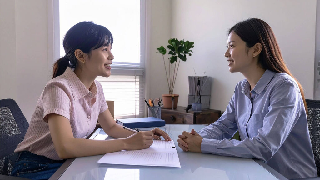 チャットレディの面談風景。事務所で女性同士が向かい合って話している様子。
